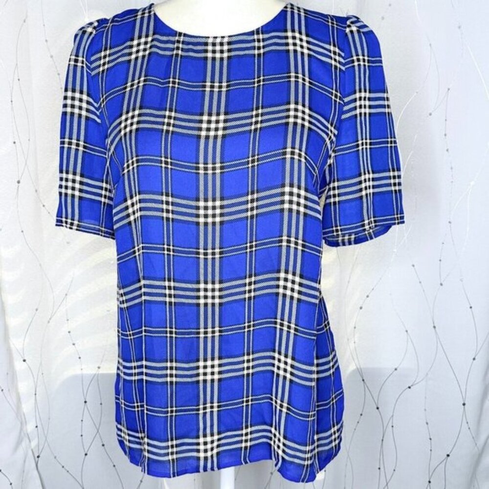 Vince Camuto Blue Black Sheer Gingham Blouse.